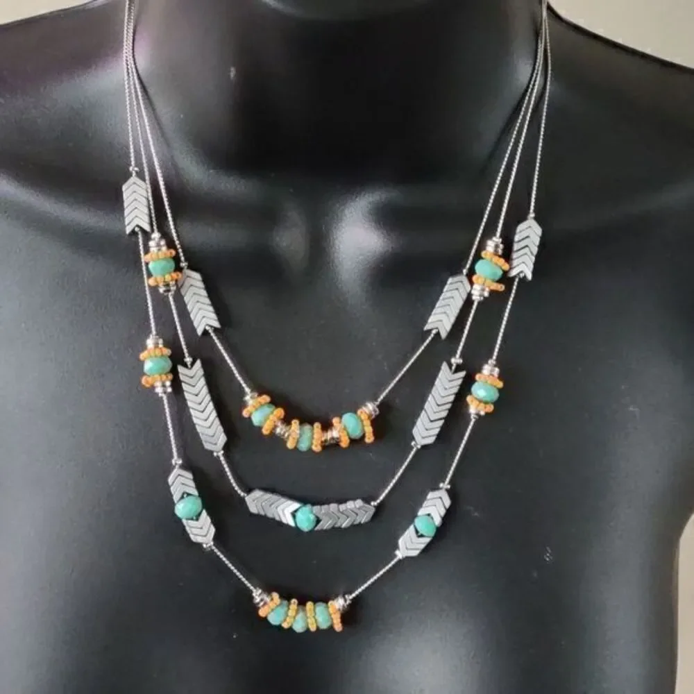 BleuNYC Silver, Torquois and Orange Chevrons and Beads Layered‎ Necklace